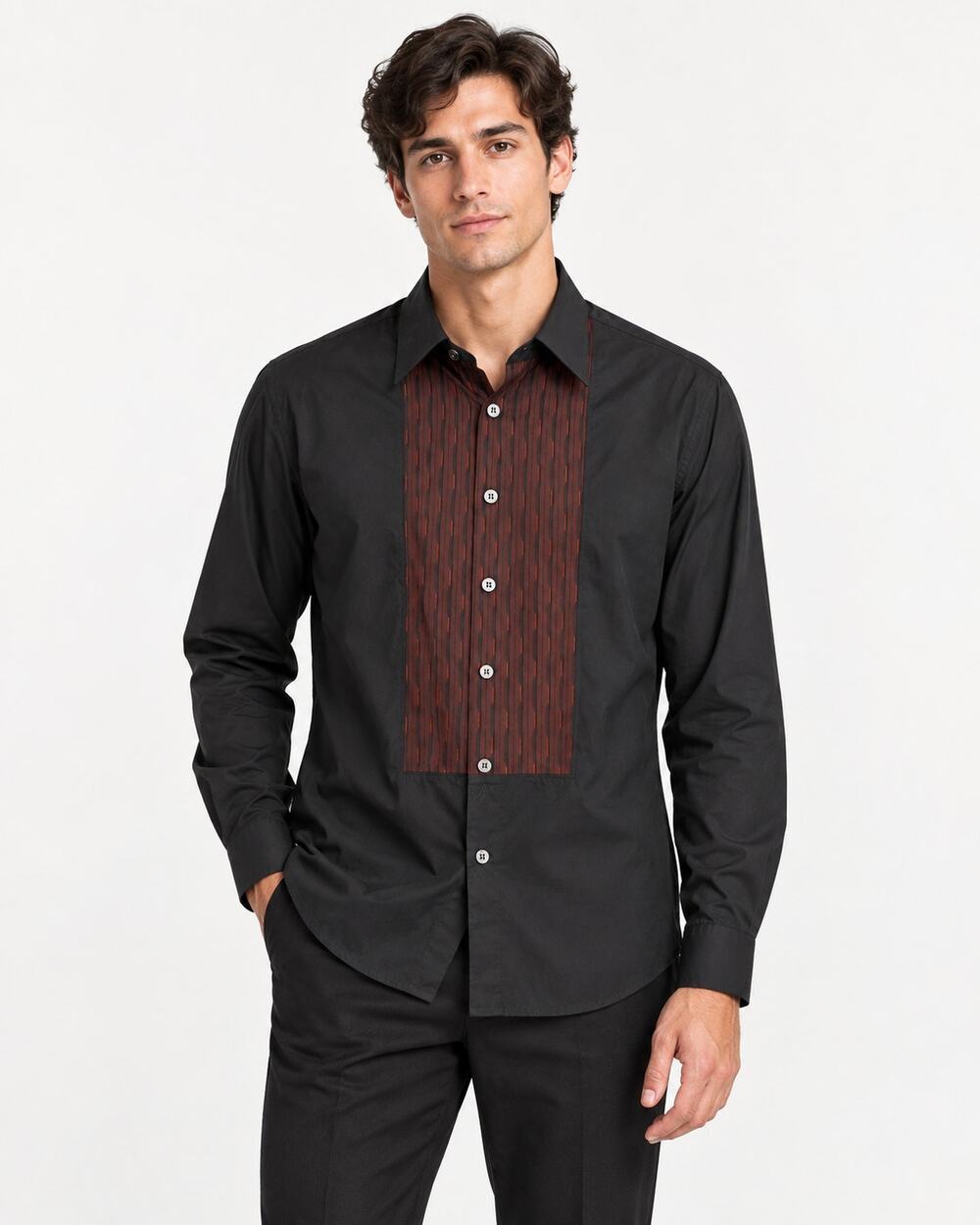 Signum Black Cotton Shirt Men’s XL 52" Chest Burgundy Bibb Panel